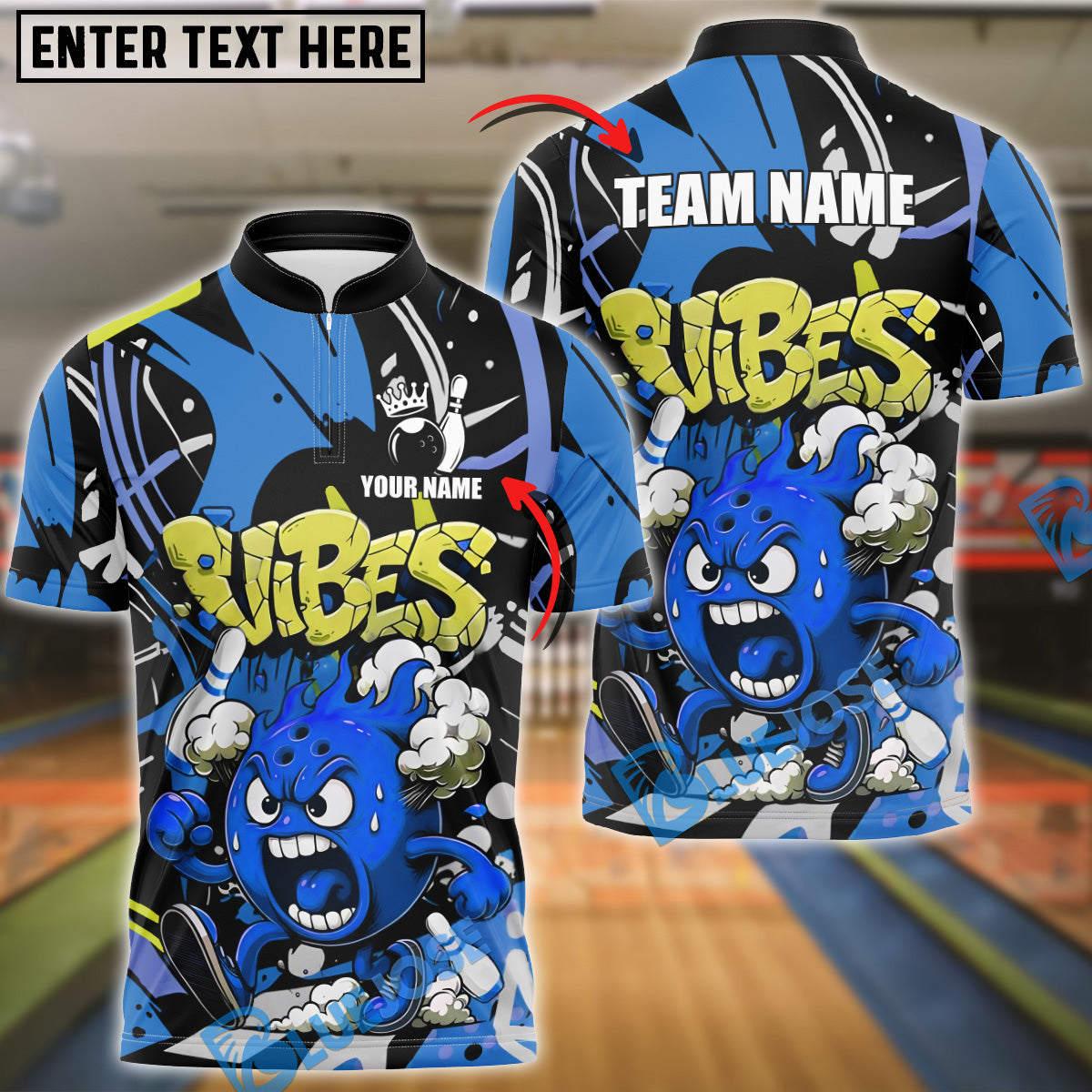 BlueJose Bowling Fireball Graffiti Style Customized Name, Team Name 3D Shirt (4 Colors)