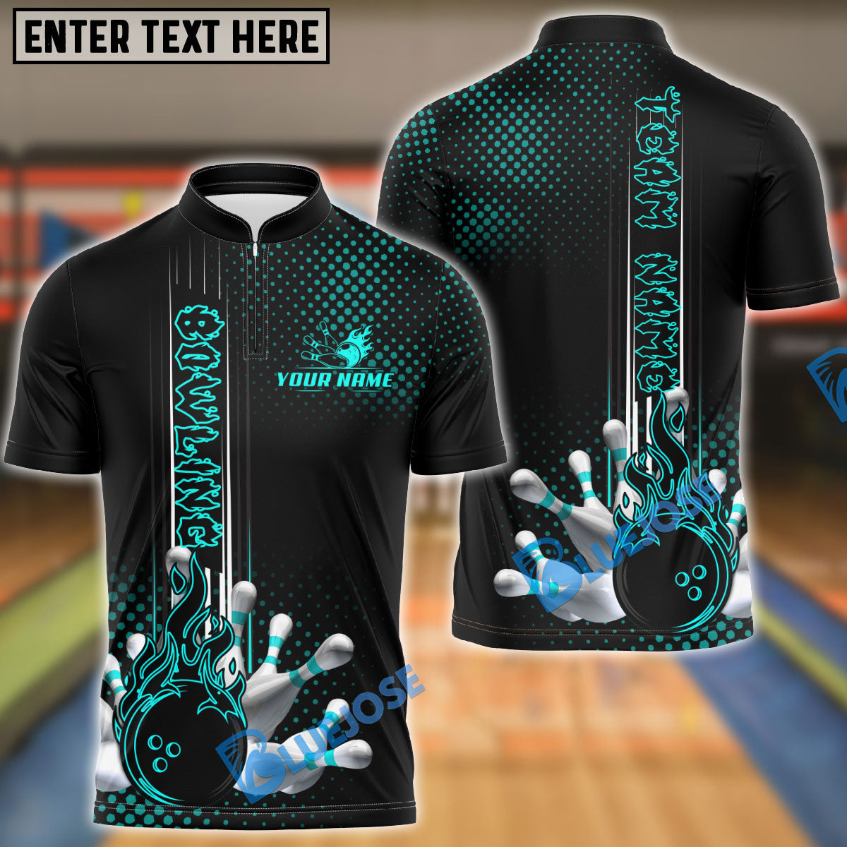 BlueJose Bowling And Pins Fire Dot Pattern Personalized Name Team Name Shirt (4 Colors)