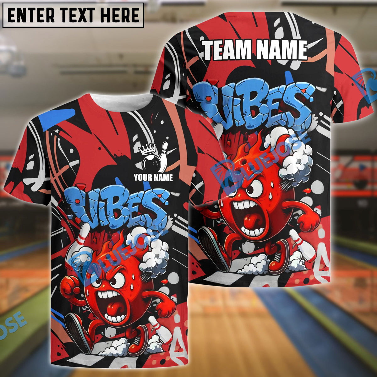 BlueJose Bowling Fireball Graffiti Style Customized Name, Team Name 3D Shirt (4 Colors)