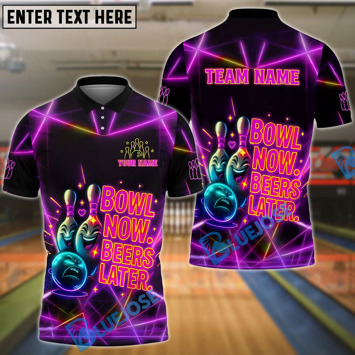 BlueJose Bowling And Pins Neon Now Beers Later Funny Quote Customized Name 3D Shirt (4 Colors)