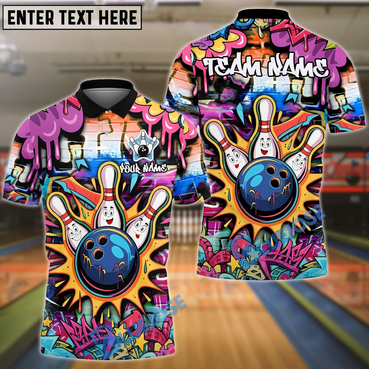 BlueJose Bowling And Pins Street Graffiti Style Customized Name, Team Name 3D Shirt
