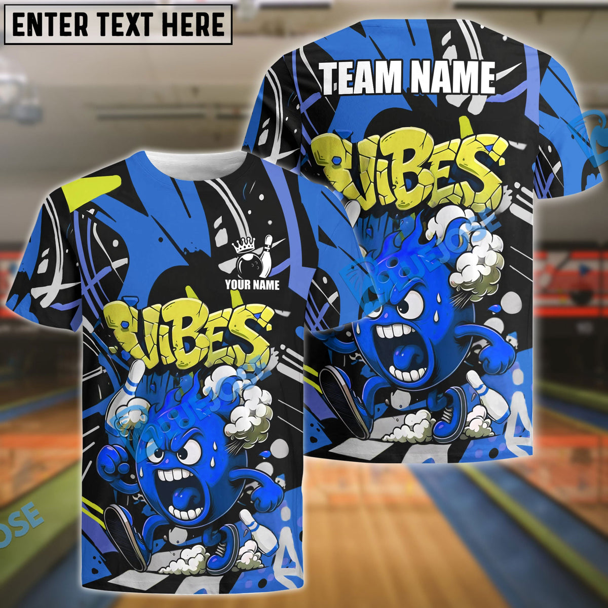 BlueJose Bowling Fireball Graffiti Style Customized Name, Team Name 3D Shirt (4 Colors)