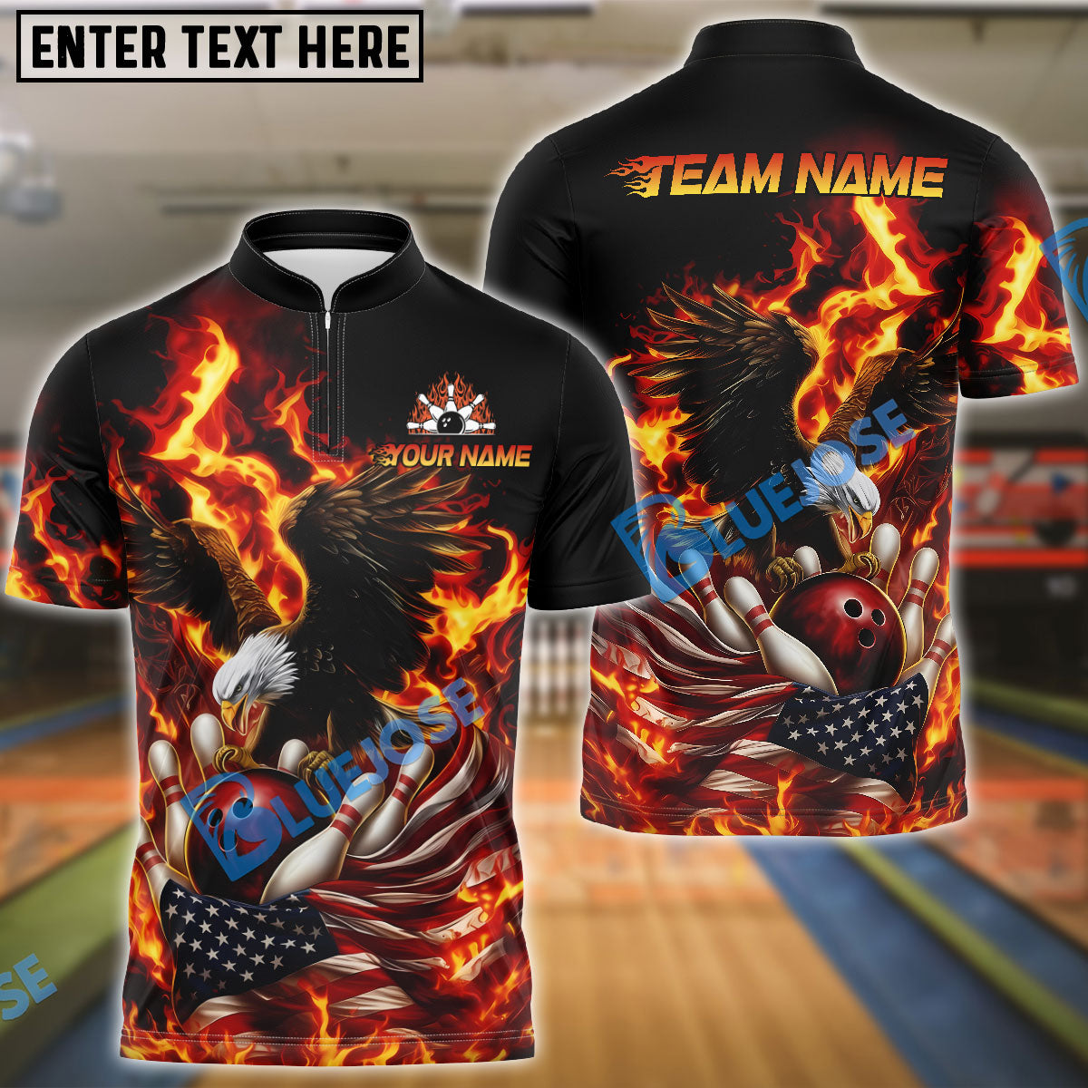 BlueJose Bowling & Pins Burning Eagle American Flag Patriot Customized Name, Team Name 3D Shirt (4 Colors)