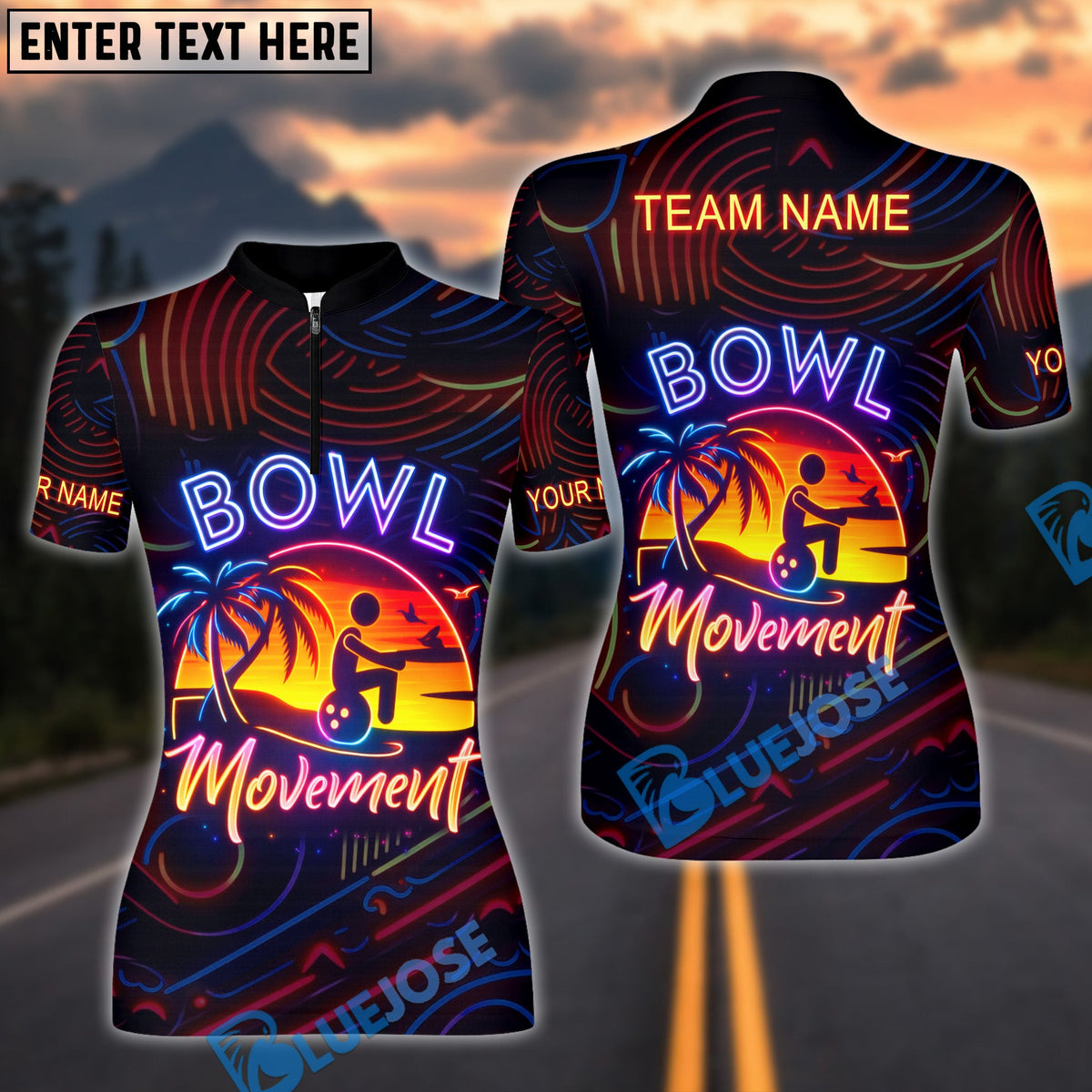 BlueJose Bowling Sunset Beach Bowler Retro Neon Art Personalized Name, Team Name 3D Shirt