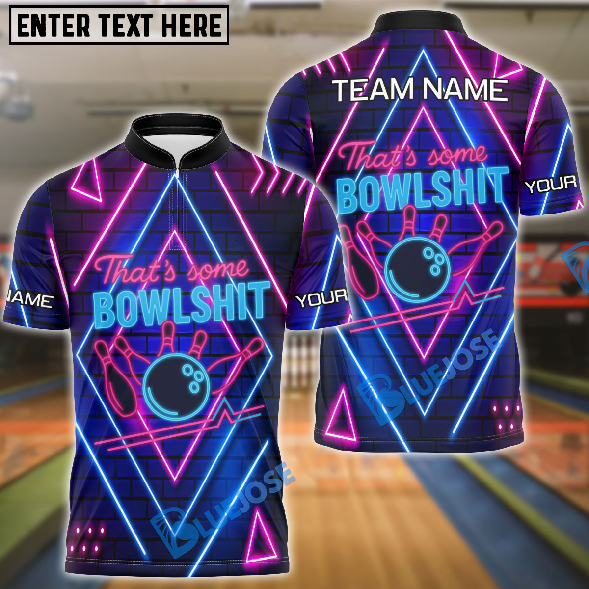 BlueJose Bowling And Pins Bowshit Neon Strike Customized Name, Team Name 3D Shirt (4 Colors)
