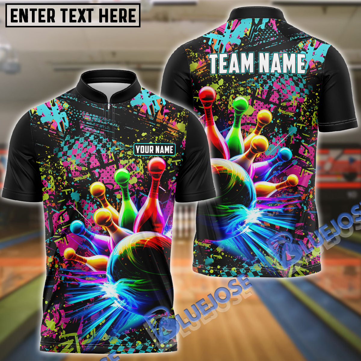 BlueJose Personalized Name and Team Name Paint Colorful Bowling and Pins 3D Shirt