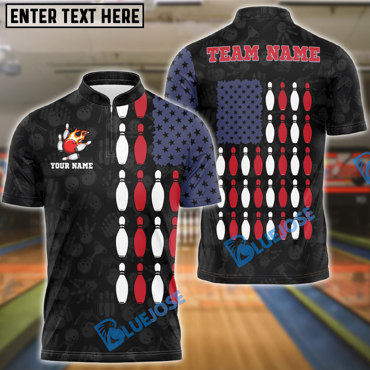 BlueJose Bowling US Flag Shoulder Customized Name, Team Name 3D Shirt (Black & White)