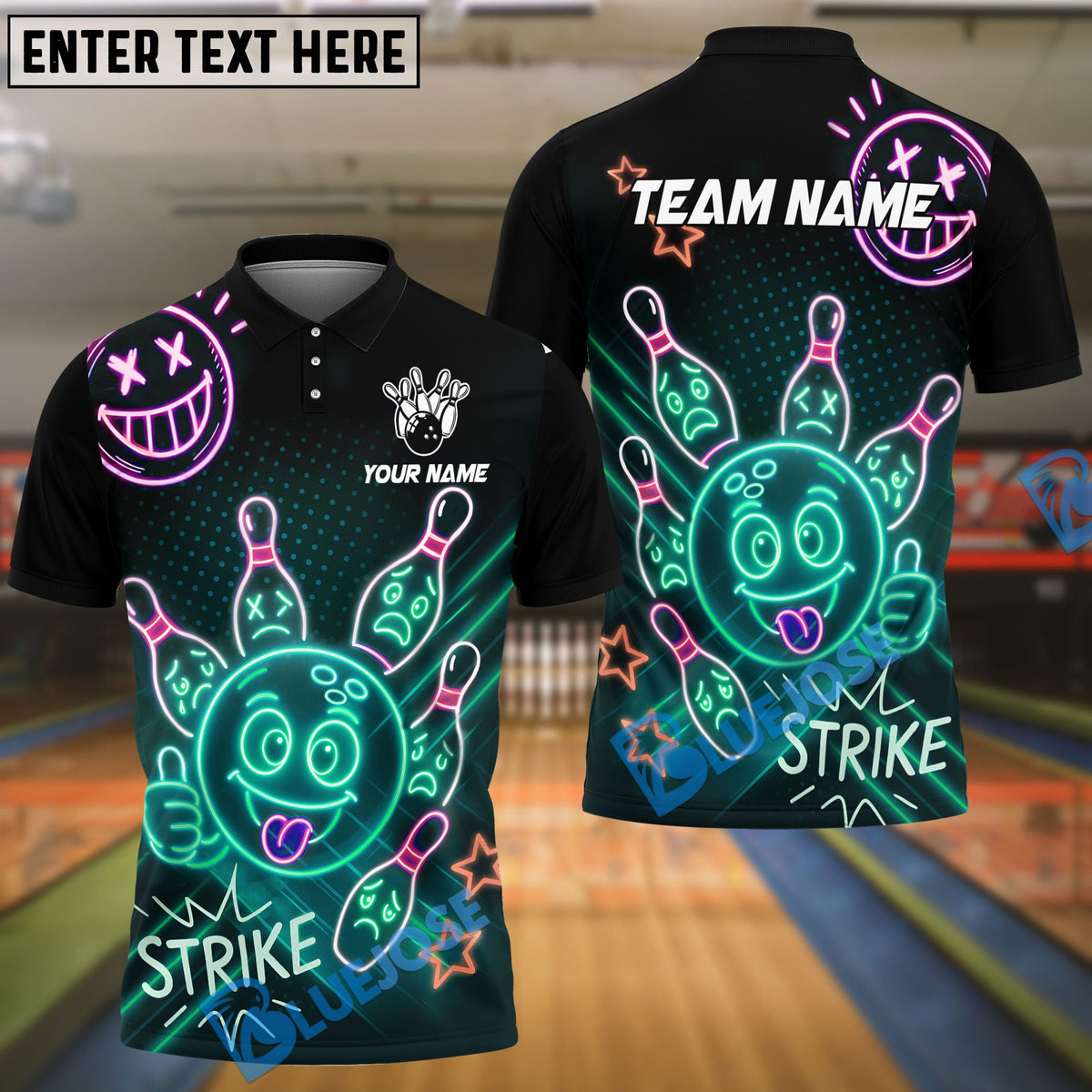 BlueJose Bowling Neon Bowling Ball Strike Funny Customized Name, Team Name 3D Shirt (4 Colors)