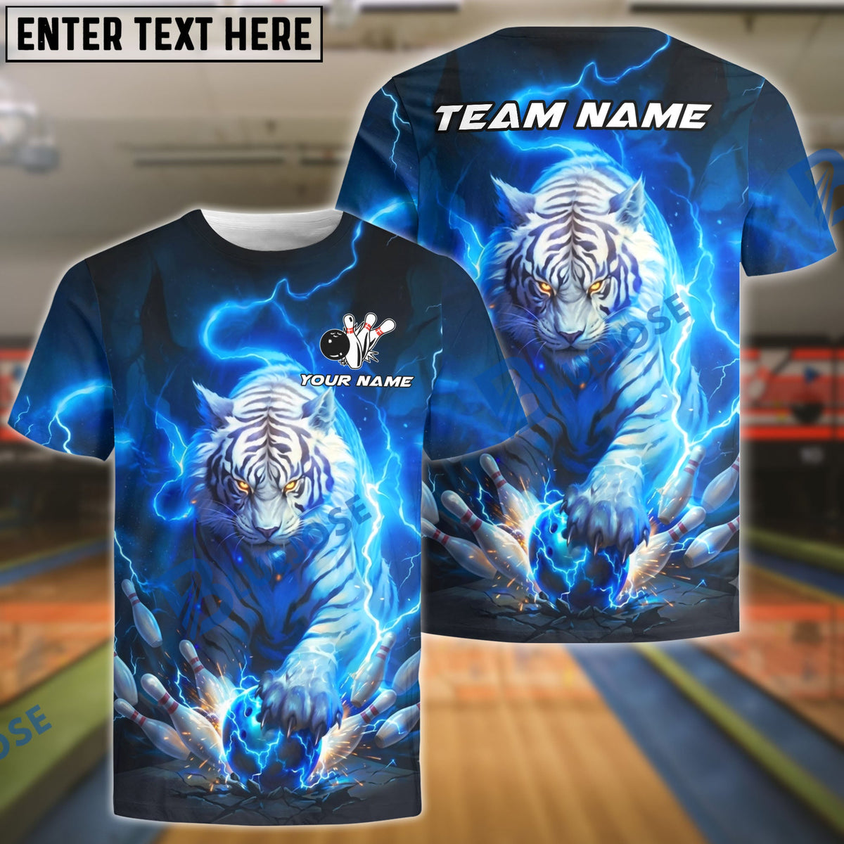 BlueJose Bowling And Pins White Tiger Lightning Storm Tiger Claw Gripping Ball Customized Name, Team Name 3D Shirt (6 Colors)
