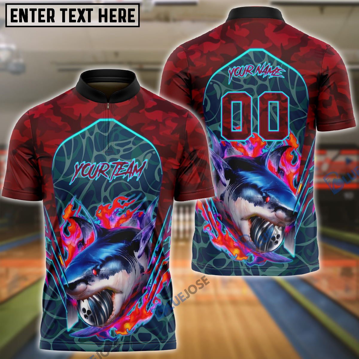 BlueJose Bowling And Pins Shark Bite Flame Graphic Customized Name, Team Name 3D Shirt (4 Colors)