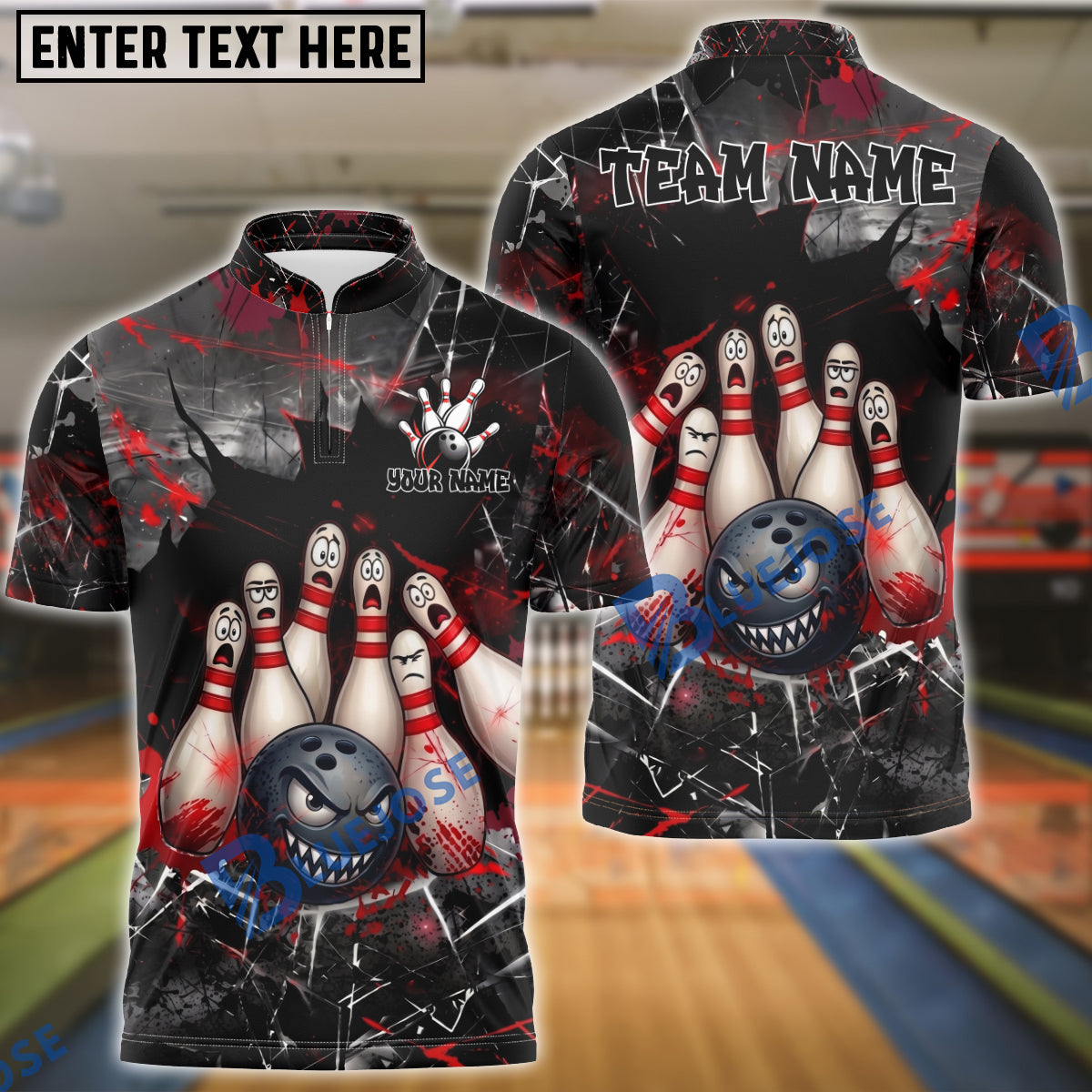 BlueJose Bowling And Pins Horror Strike Scary Pins Angry Ball Design Customized Name, Team Name 3D Shirt (4 Colors)