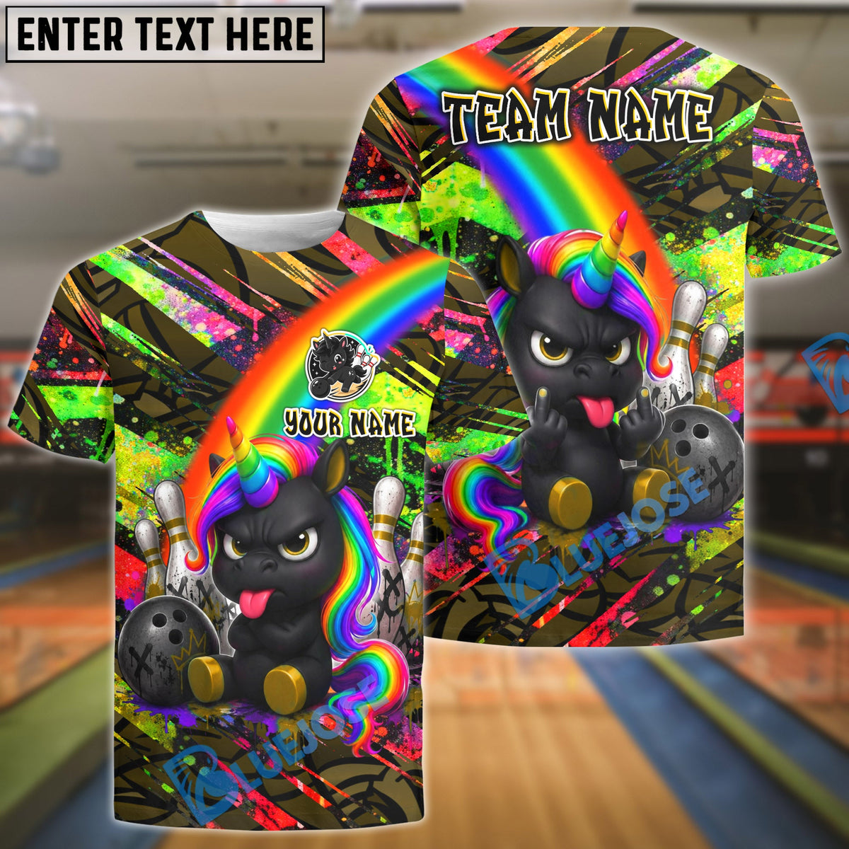 BlueJose Bowling And Pins Rainbow Black Unicorn Punk Customized Name, Team Name 3D Shirt (6 Colors)