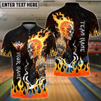 BlueJose Bowling & Pins Flaming Biker Skull Middle Finger Customized Name, Team Name 3D Shirt (4 Colors)
