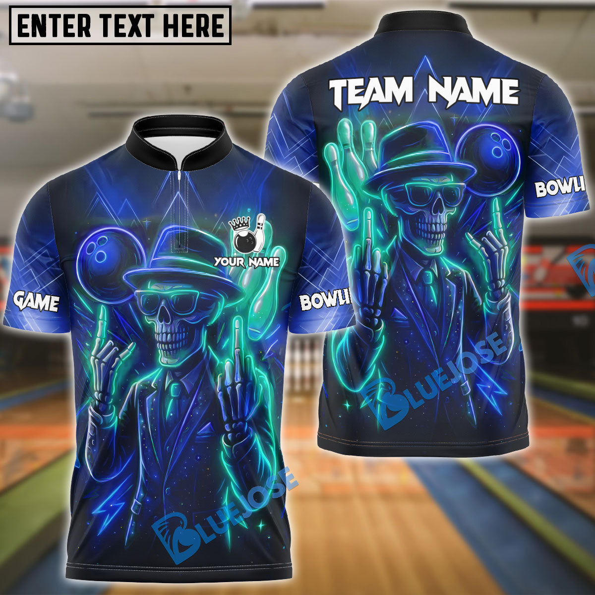 BlueJose Bowling And Pins Skeleton Neon Attitude Customized Name, Team Name 3D Shirt (4 Colors)