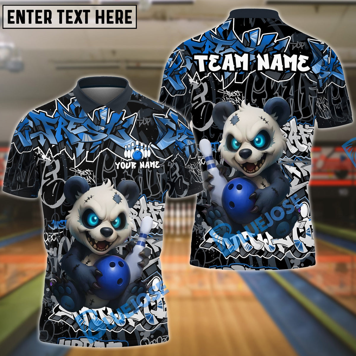 BlueJose Bowling And Pins Graffiti Panda Customized Name, Team Name 3D Shirt (4 Colors)