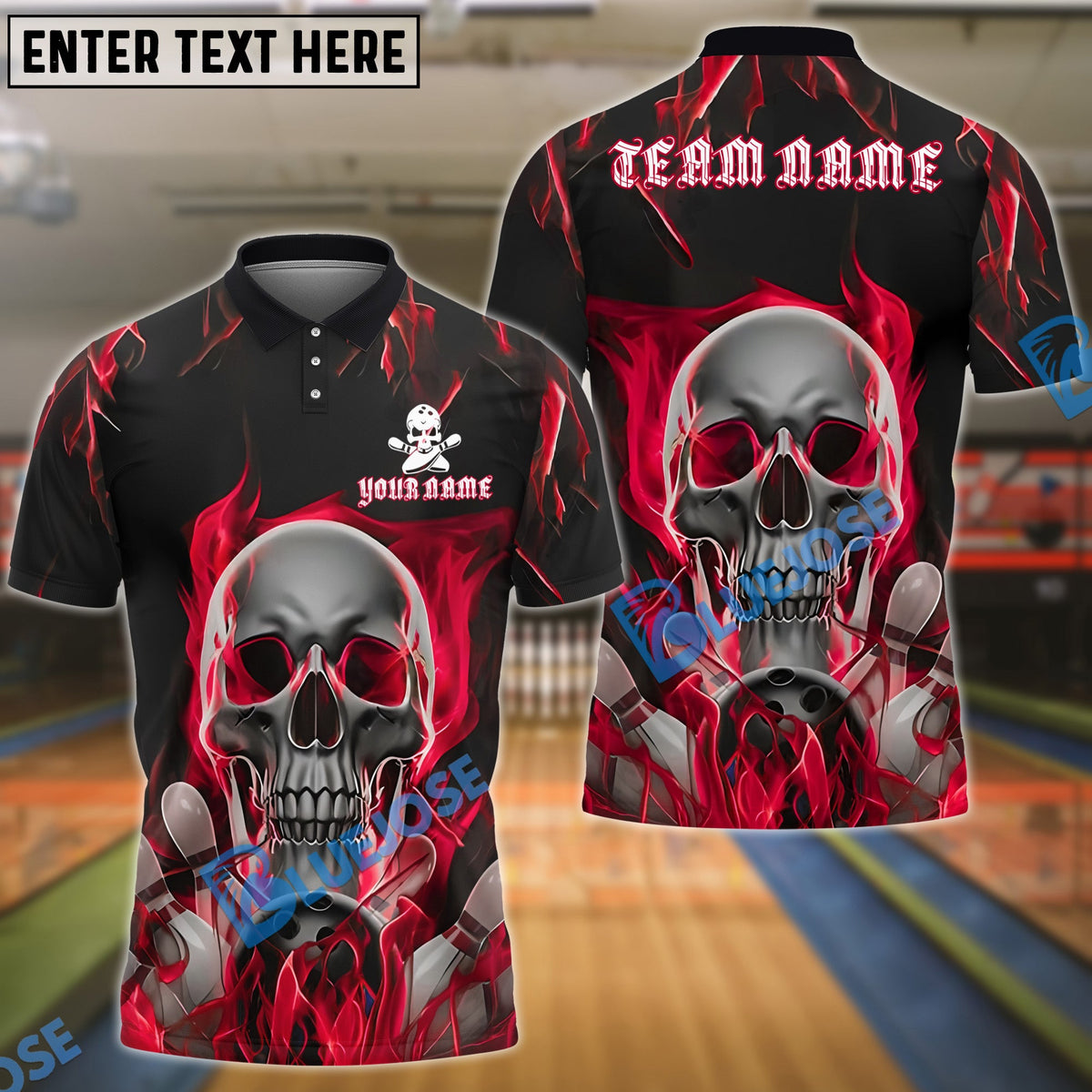 BlueJose Bowling And Pins Flaming Skull Personalized Name, Team Name 3D Shirt (4 Colors)