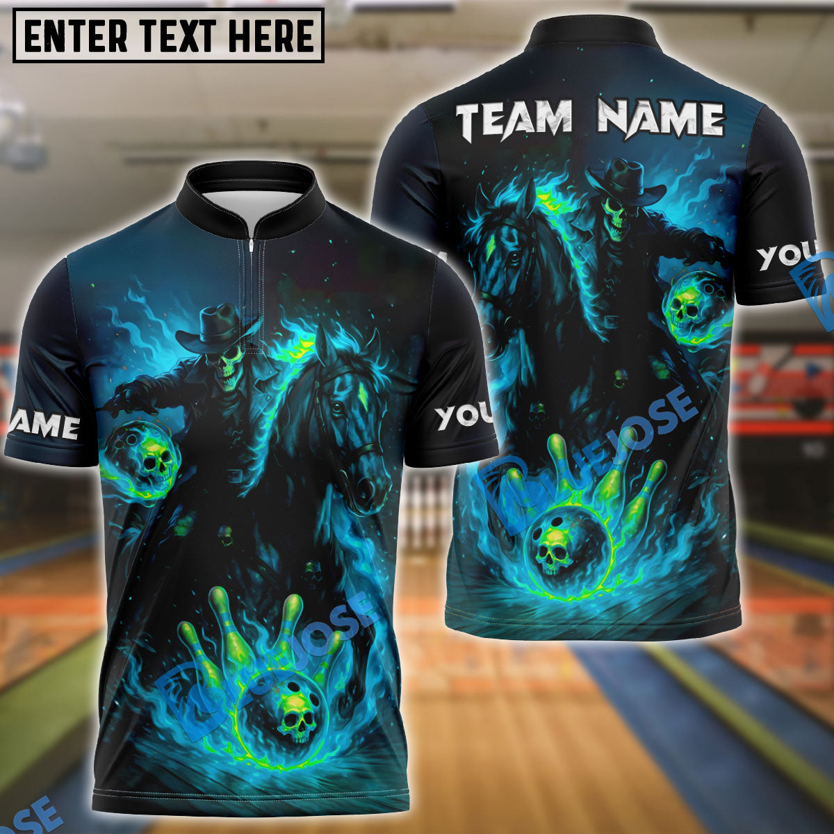 BlueJose Bowling And Pins Fiery Cowboy Skeleton Ghost Rider Style Customized Name 3D Shirt (4 Colors)