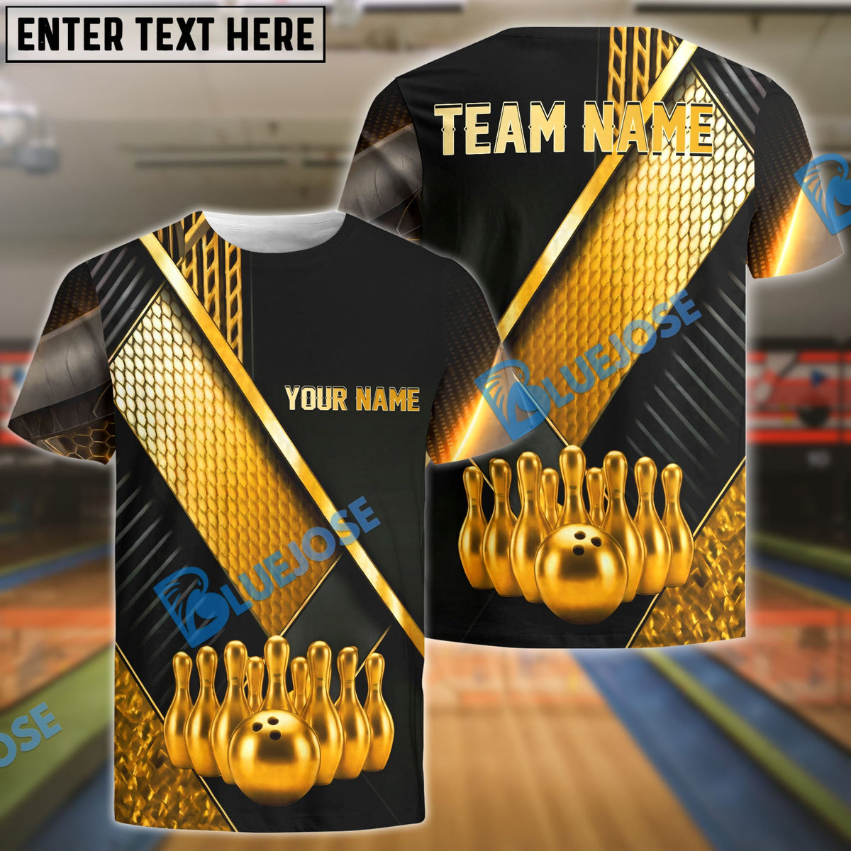 BlueJose Bowling And Pin Geometric Gold Black Pattern with Realistic Bowling Ball 3D Design Customized Name, Team Name 3D Shirt (6 Colors)