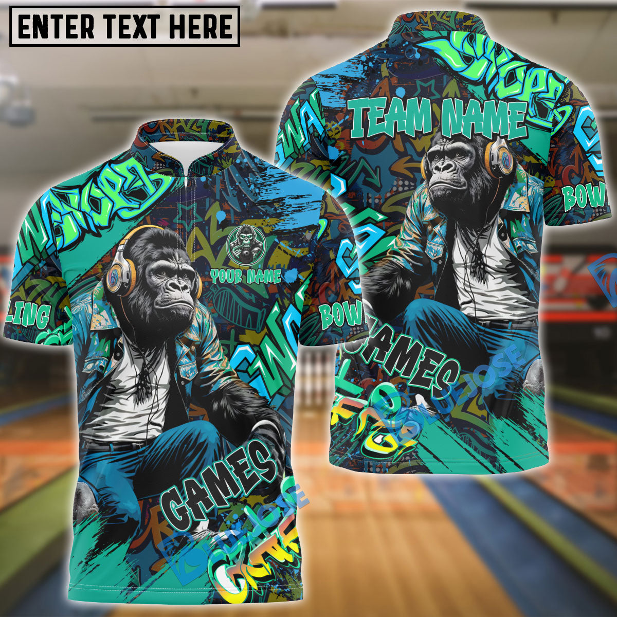 BlueJose Bowling And Pins Graffiti Chimp Customized Name 3D Shirt (4 Colors)