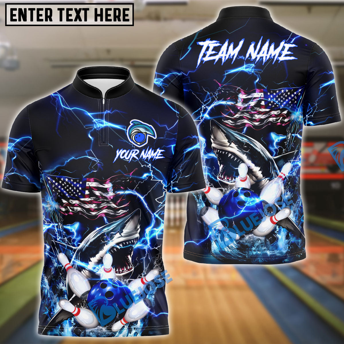 BlueJose Bowling And Pins Thunder American Flag Shark Customized Name, Team Name 3D Shirt (4 Colors)