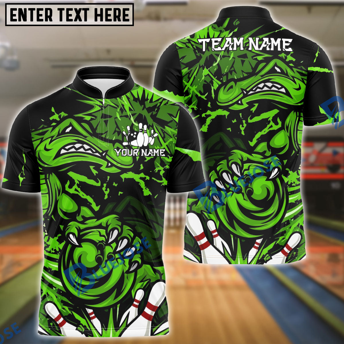 BlueJose Bowling And Pins Fierce Angry Crocodile Graphic Customized Name, Team Name 3D Shirt (4 Colors)