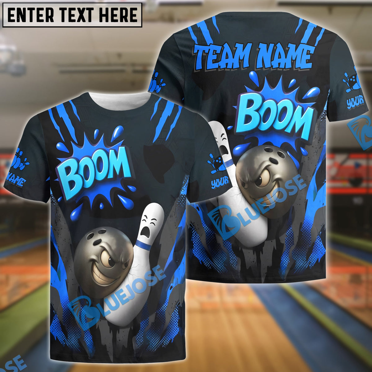 BlueJose Bowling Boom Cartoon Impact Customized Name, Team Name 3D Shirt (4 Colors)