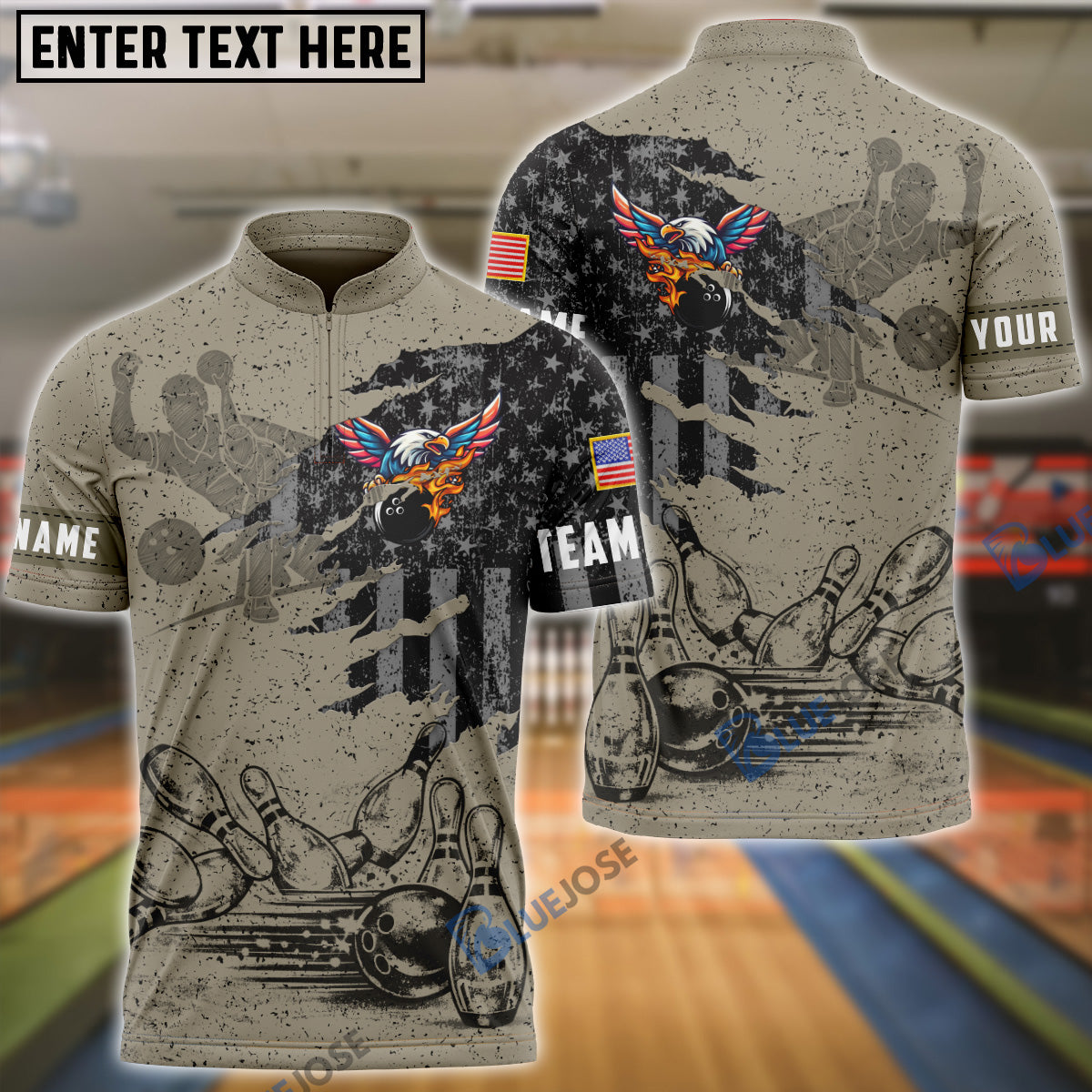 BlueJose Bowling & Pins Eagle American Flag Retro Vintage Style Customized Name, Team Name 3D Shirt (4 Colors)