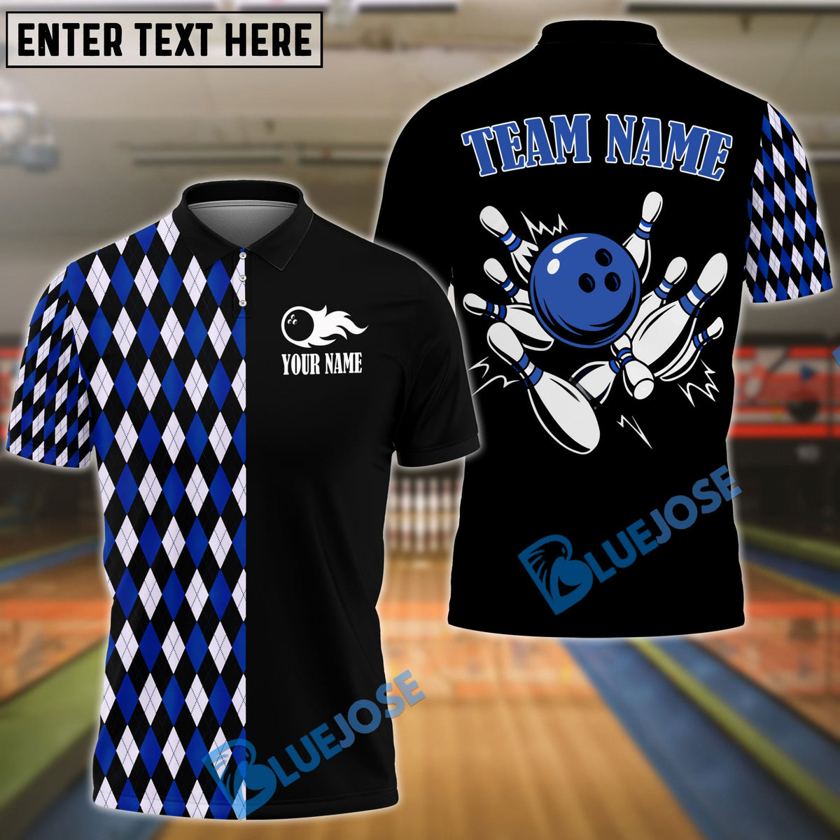 BlueJose Bowling Argyle Strikes Customized Name, Team Name 3D Shirt (4 Colors)