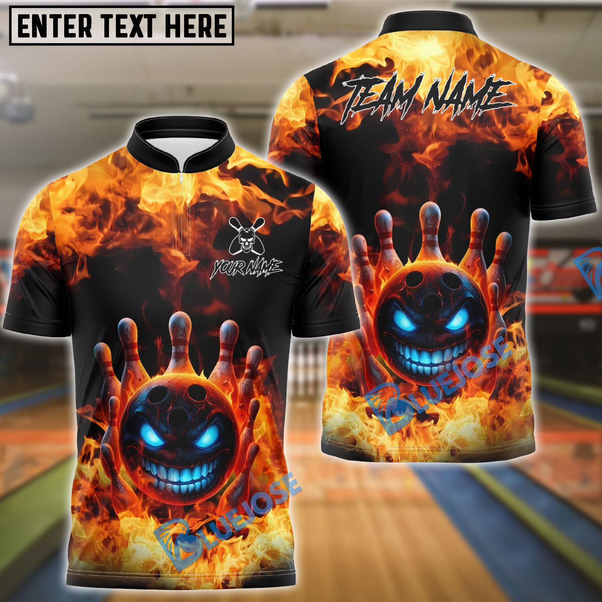 BlueJose Bowling And Pins Flaming Evil Ball Customized Name, Team Name 3D Shirt (4 Colors)