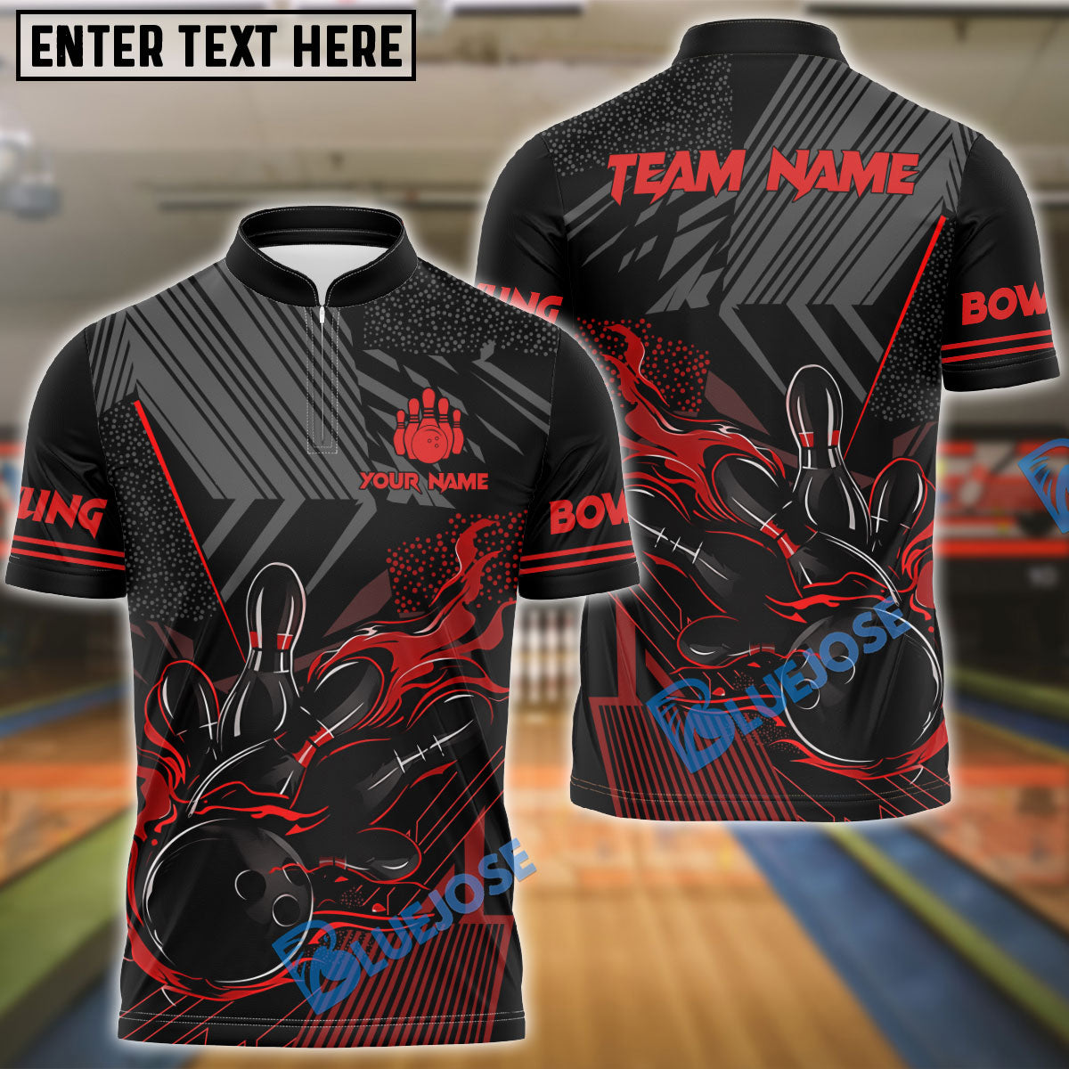 BlueJose Bowling And Pins Black Flaming Multicolor Customized Name 3D Shirt (4 Colors)