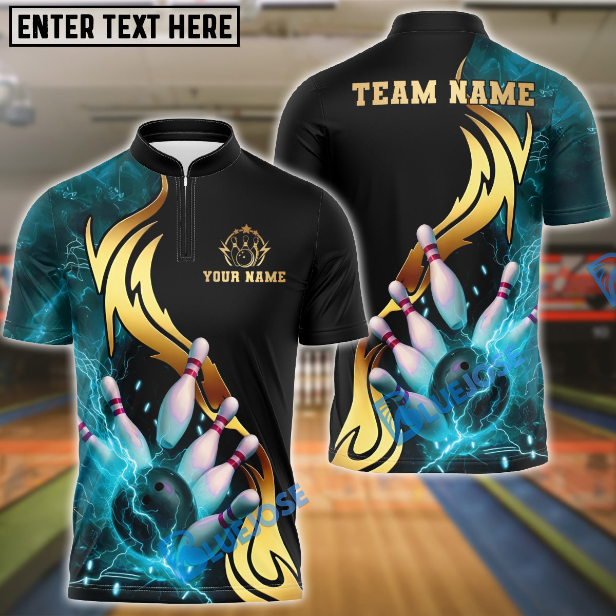 BlueJose Bowling And Pins Strike Thunder Lightning Customized Name, Team Name 3D Shirt (4 Colors)