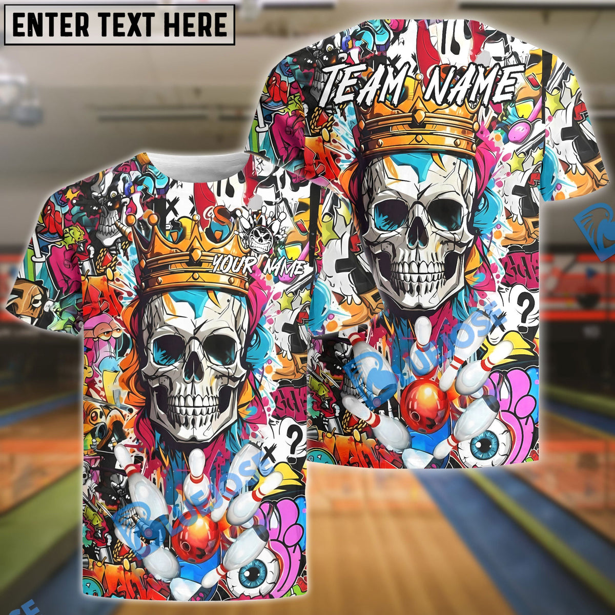 BlueJose Bowling And Pins Skull King Graffiti Crown Customized Name, Team Name 3D Shirt