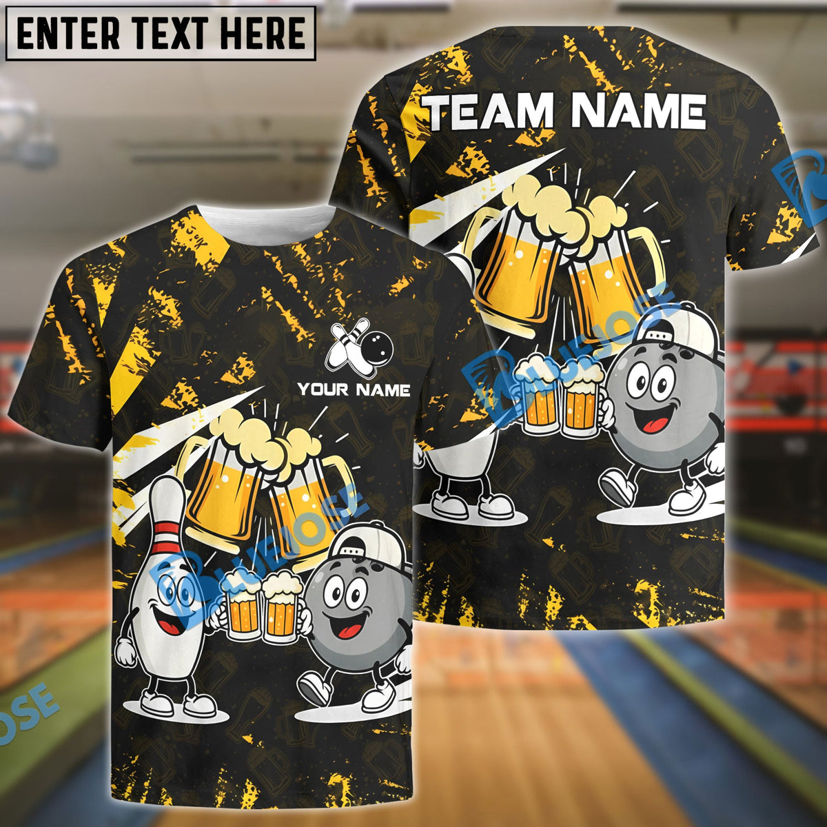 BlueJose Bowling And Pins Funny Beer & Bowling Pins Cartoon Design Customized Name, Team Name 3D Shirt (6 Colors)