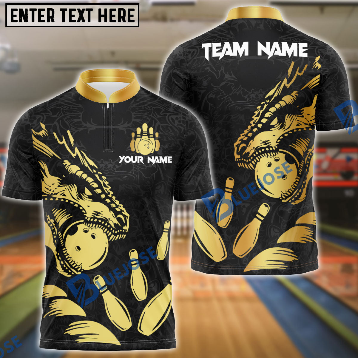 BlueJose Bowling And Pins Bling Dragon Customized Name 3D Shirt (4 Colors)
