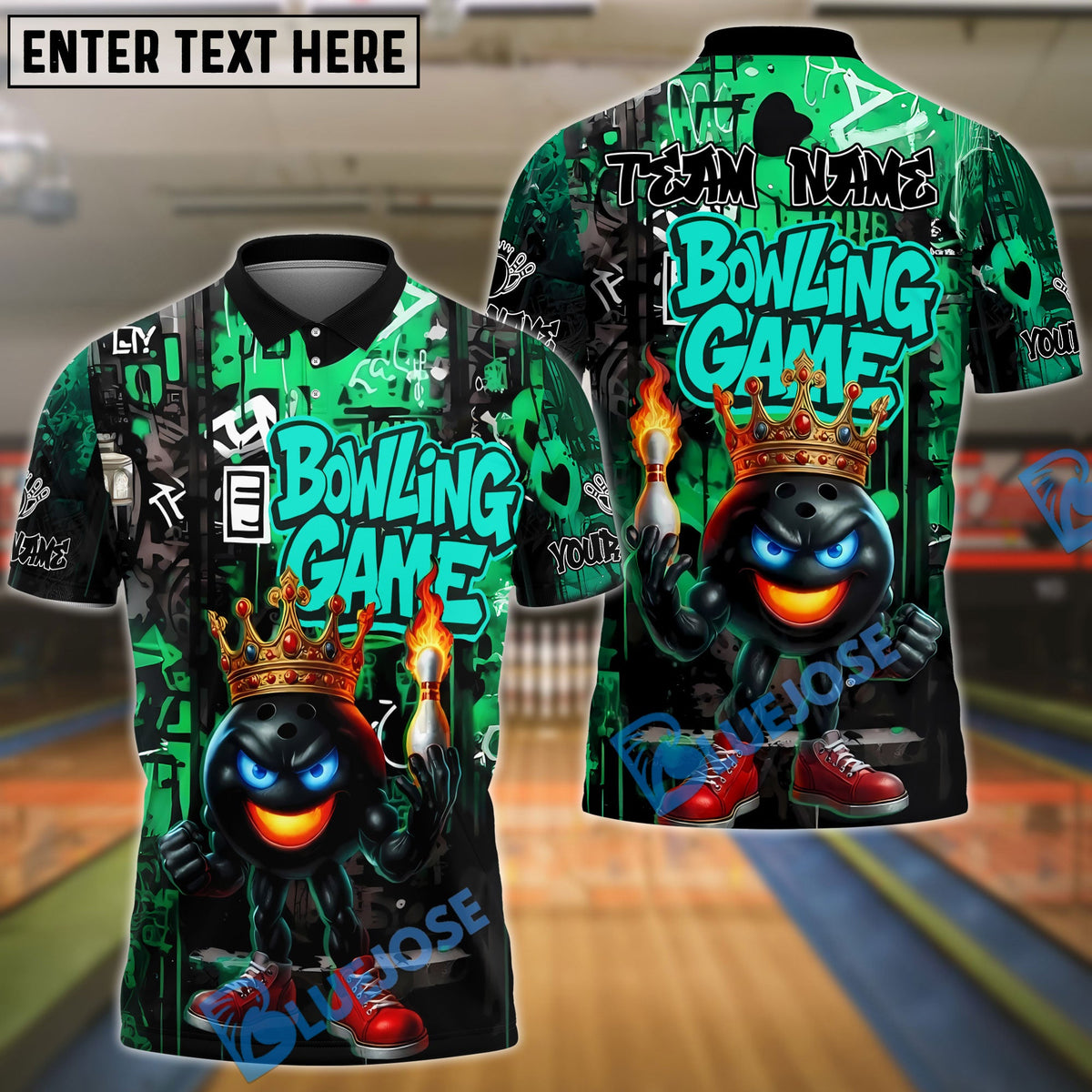 BlueJose Bowling And Pins King Flame Ball Graffiti Style Customized Name, Team Name 3D Shirt (4 Colors)