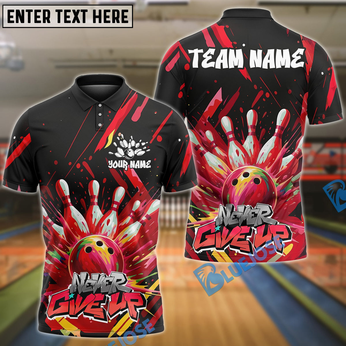 BlueJose Bowling And Pins Graffiti Splash Paint Never Give Up Customized Name, Team Name 3D Shirt (4 Colors)