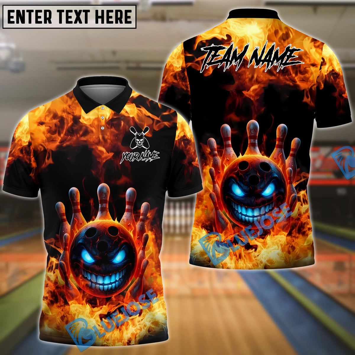 BlueJose Bowling And Pins Flaming Evil Ball Customized Name, Team Name 3D Shirt (4 Colors)