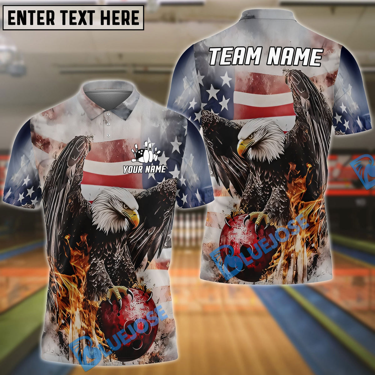 BlueJose Bowling US Flag Eagle Flame Customized Name, Team Name 3D Shirt