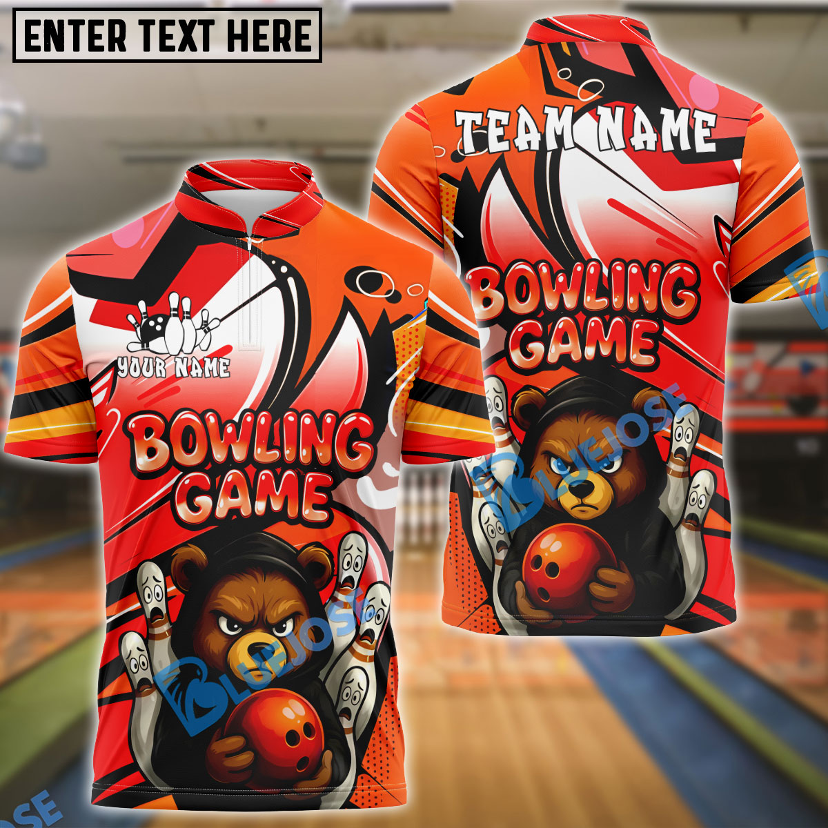 BlueJose Bowling Ball & Pins Angry Bear Customized Name, Team Name 3D Shirt (4 Colors)