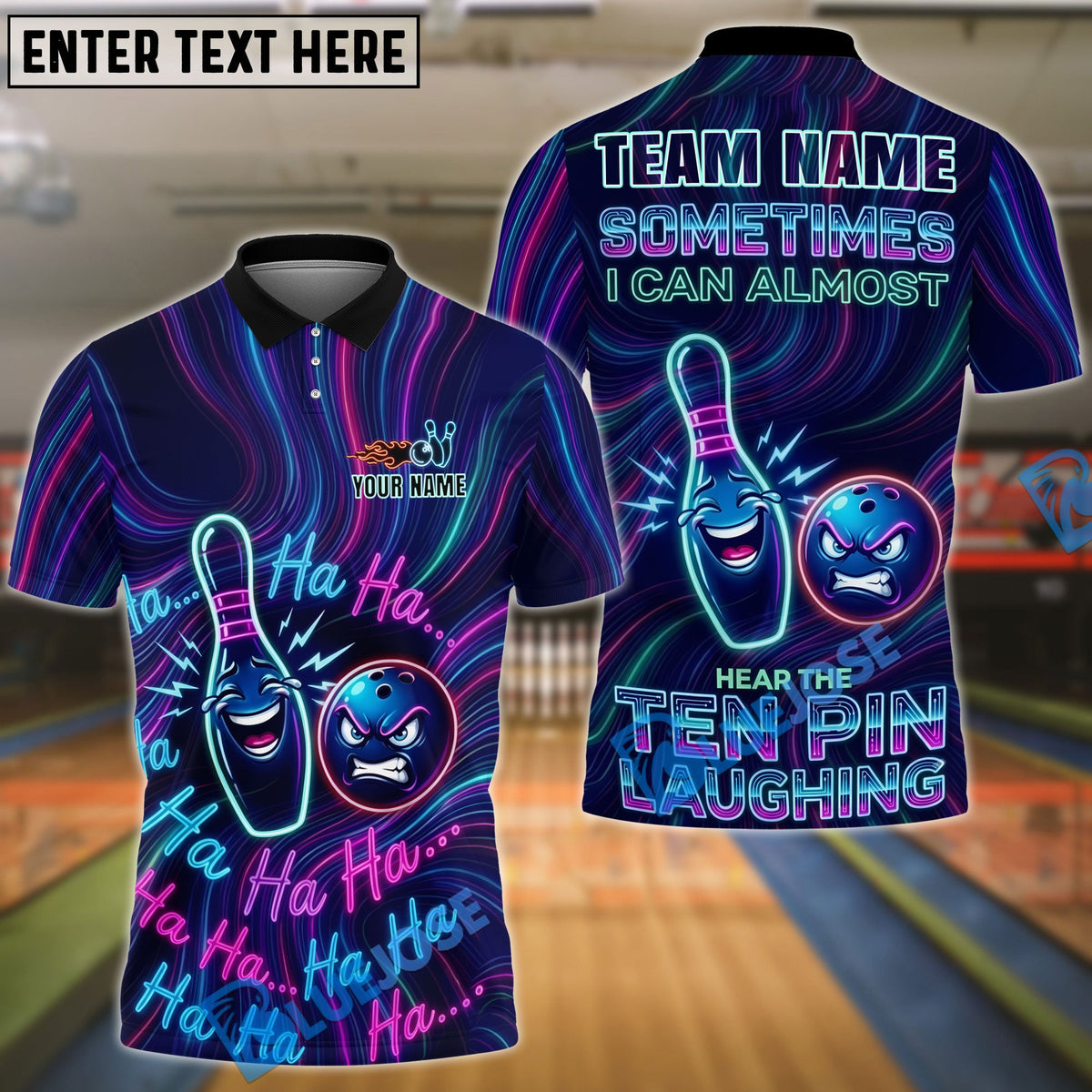 BlueJose Bowling & Pins Neon Laughing Pin & Ball Graphic Customized Name, Team Name 3D Shirt (4 Colors)