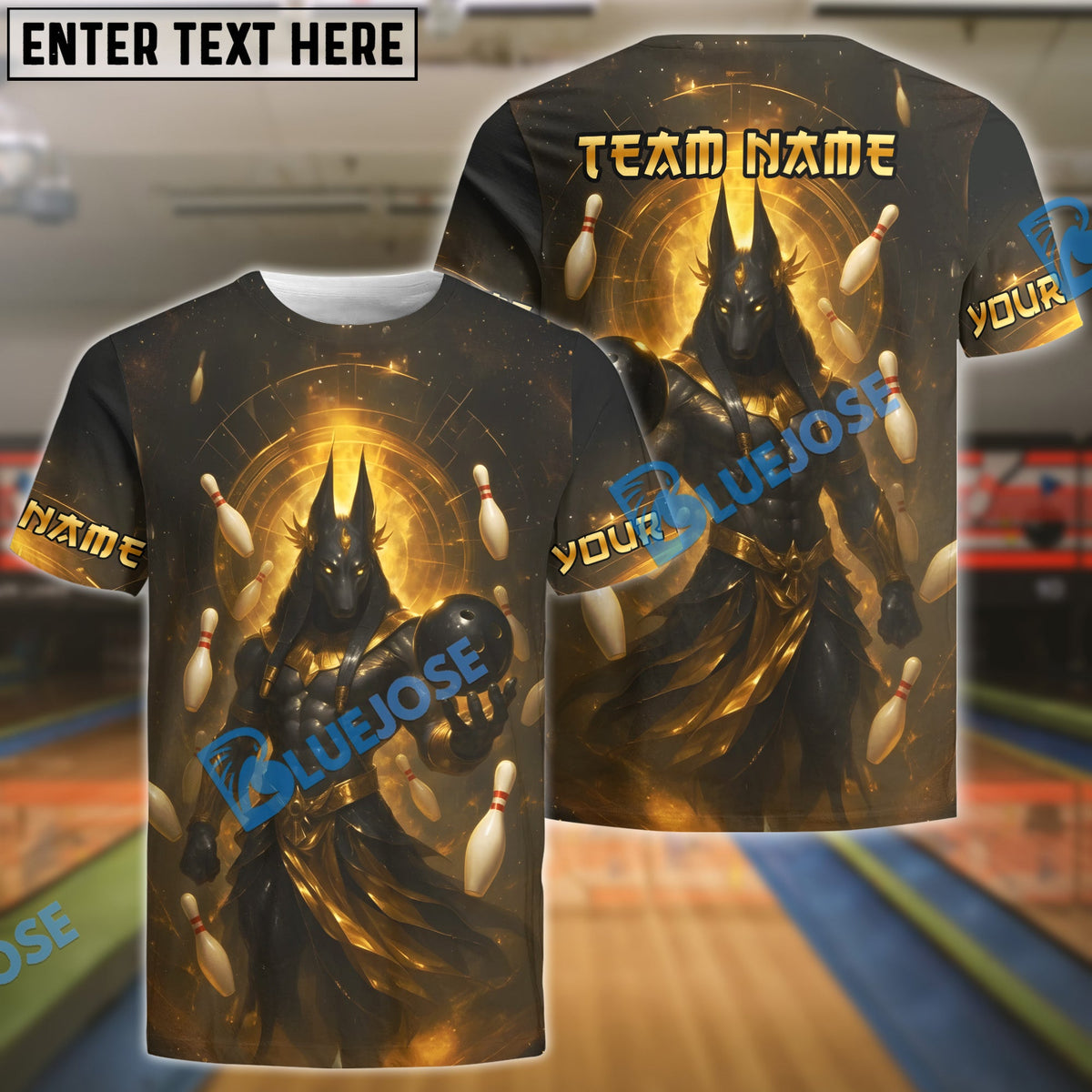 BlueJose Bowling And Pins Ancient Egyptian God Anubis Customized Name, Team Name 3D Shirt (4 Colors)