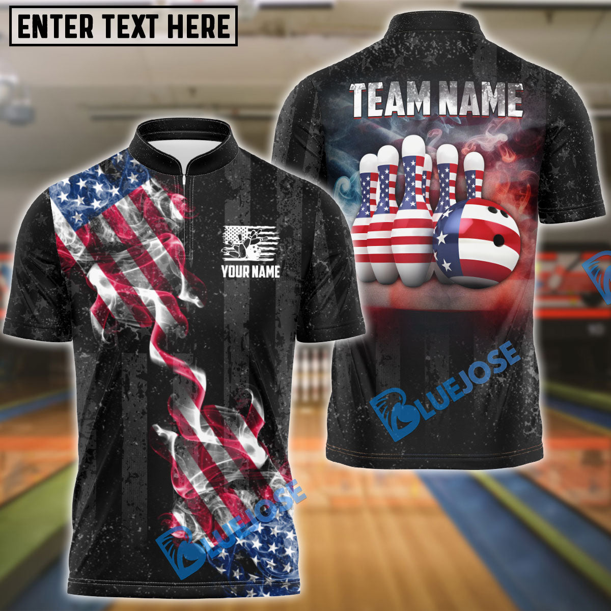 BlueJose Bowling Amrican Flag Retro Smoke 2 Customized Name, Team Name 3D Shirt