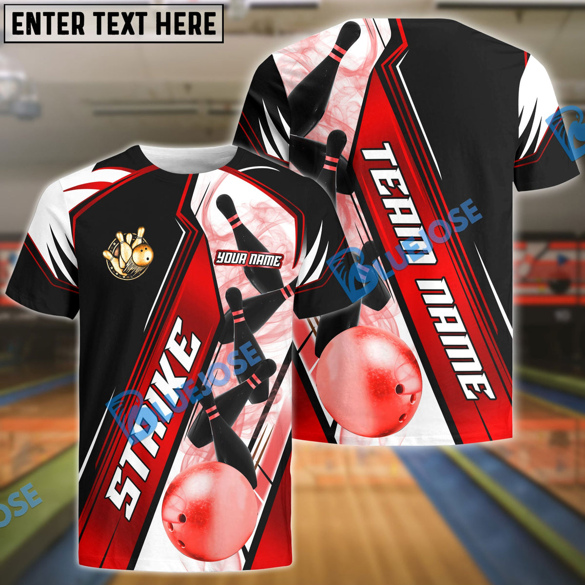 BlueJose Bowling And Pins Golden Strike On Customized Name 3D Shirt (4 Colors)