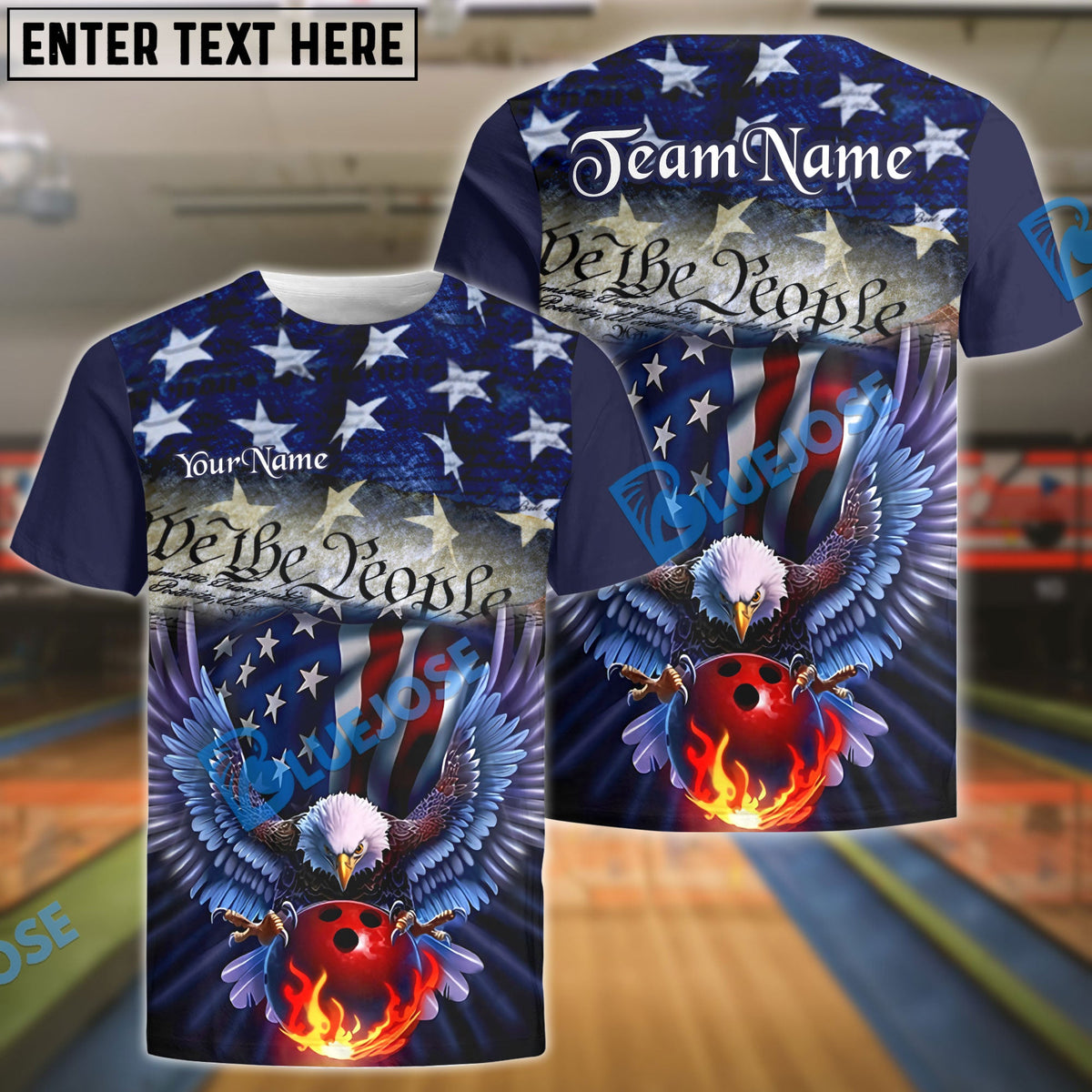 BlueJose Bowling Ball And Pins Eagle Patriotic Customized Name, Team Name 3D Polo Shirt