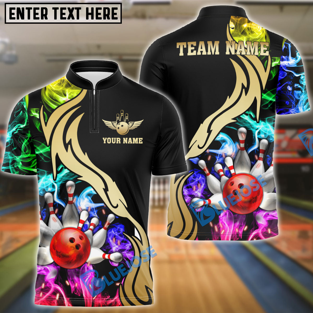 BlueJose Bowling And Pins Black Multicolor Golden Smoke Pattern Personalized Name, Team Name Unisex Shirt