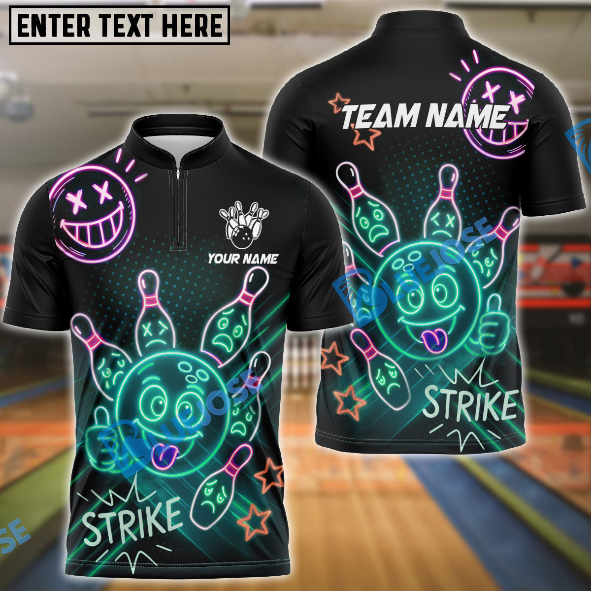 BlueJose Bowling Neon Bowling Ball Strike Funny Customized Name, Team Name 3D Shirt (4 Colors)