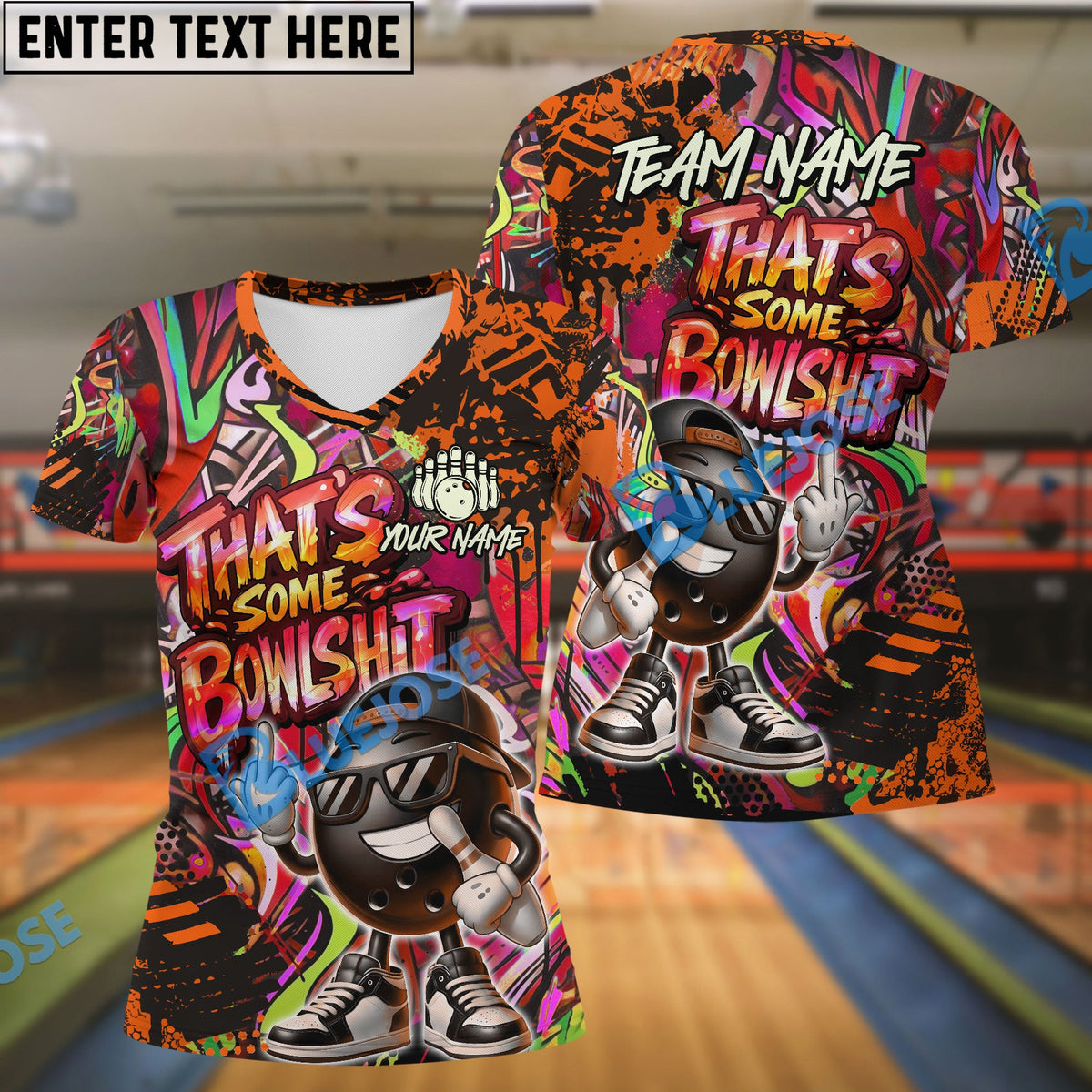 BlueJose Bowling & Pins  Funny Graffiti Cool Cartoon Street Art Design That's Some Bowlshit Customized Name, Team Name 3D Shirt (4 Colors)