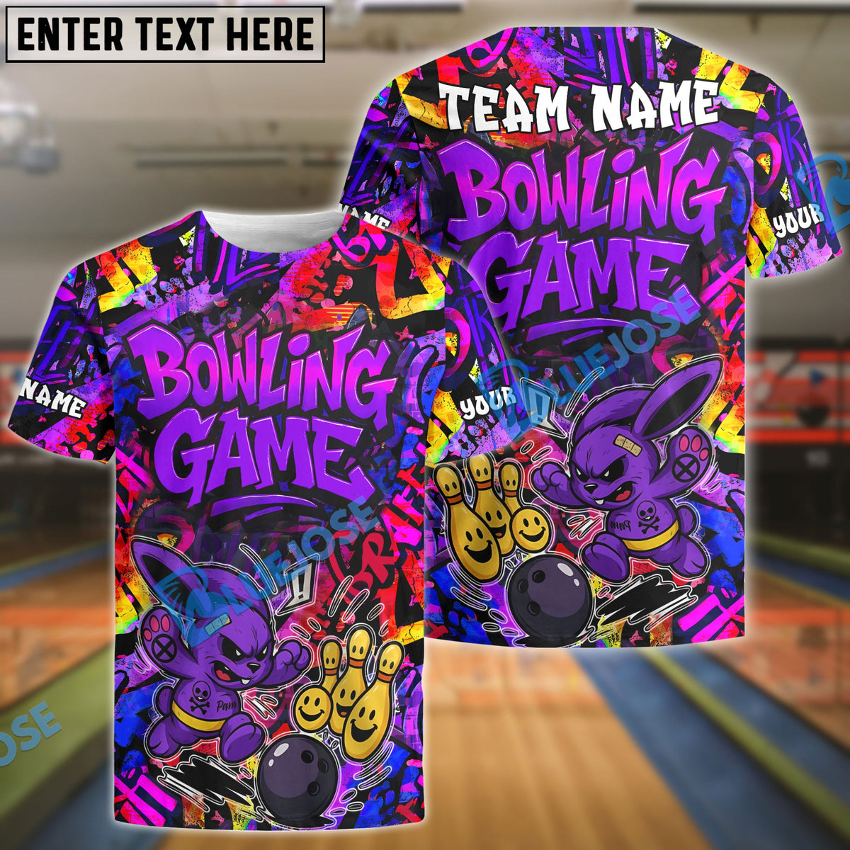 BlueJose Bowling And Pins Graffiti Colorful Bunny Customized Name, Team Name 3D Shirt (4 Colors)