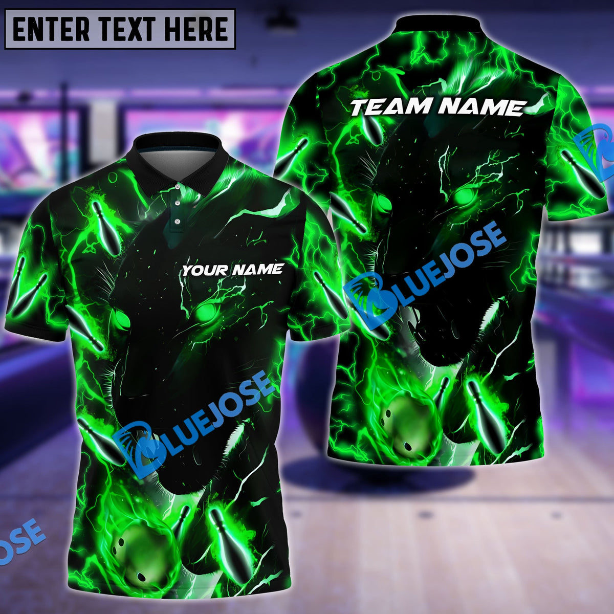 BlueJose Bowling And Pins Green Black Lightning Panther Customized Name, Team Name 3D Shirt