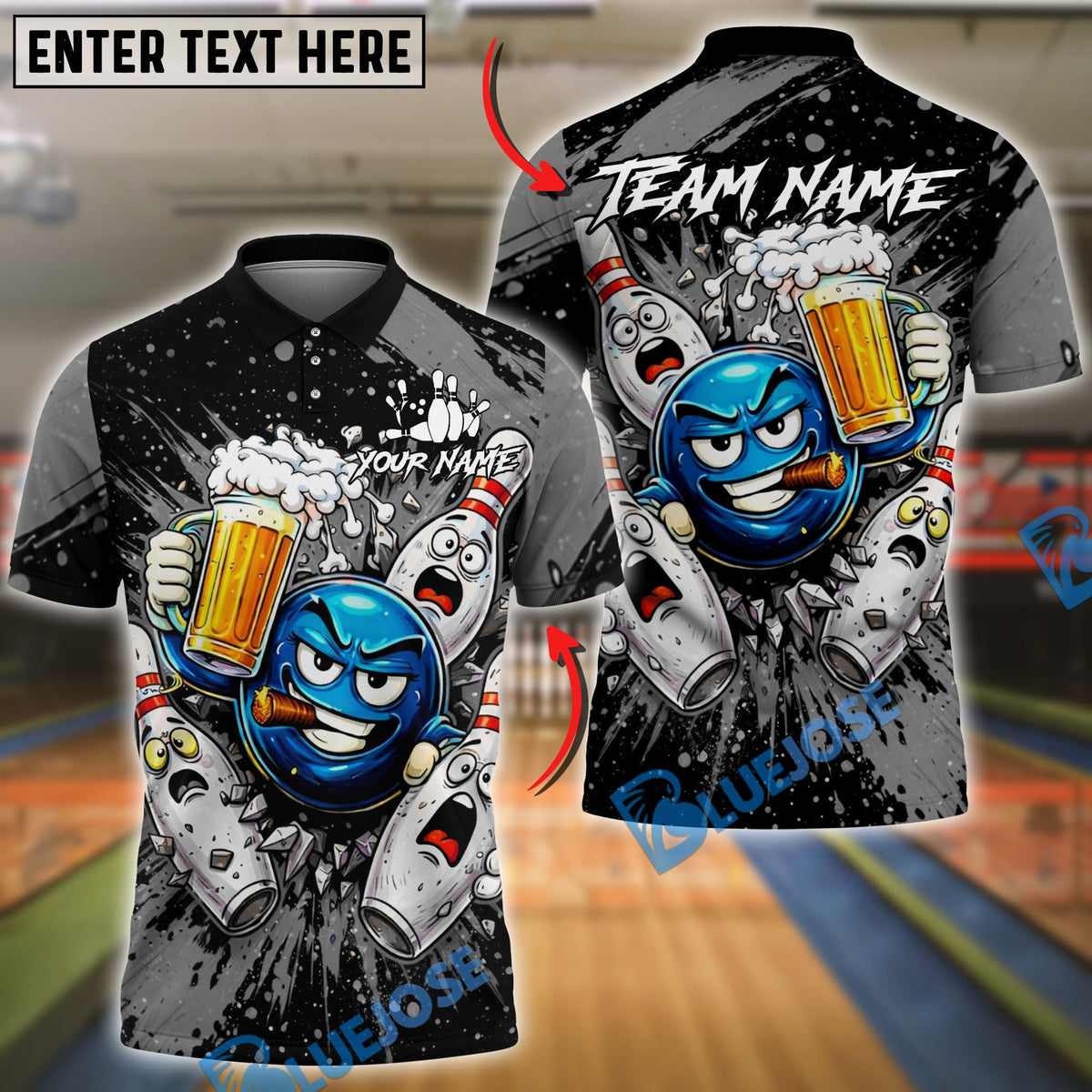 BlueJose Bowling & Pins Beer Party Funny Cartoon Customized Name, Team Name 3D Shirt (6 Colors)
